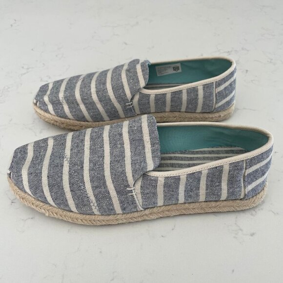 TOMS Alpargata Rope Slip On Stripe Recycled Canvas Shoe Blue Off Wht Sz 9 NWOT - Picture 9 of 13